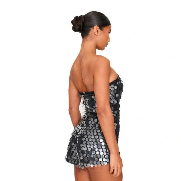 PrettyLittleThing Black Disc Sequin Bandeau Playsuit Size 10 - Picture 2 of 7